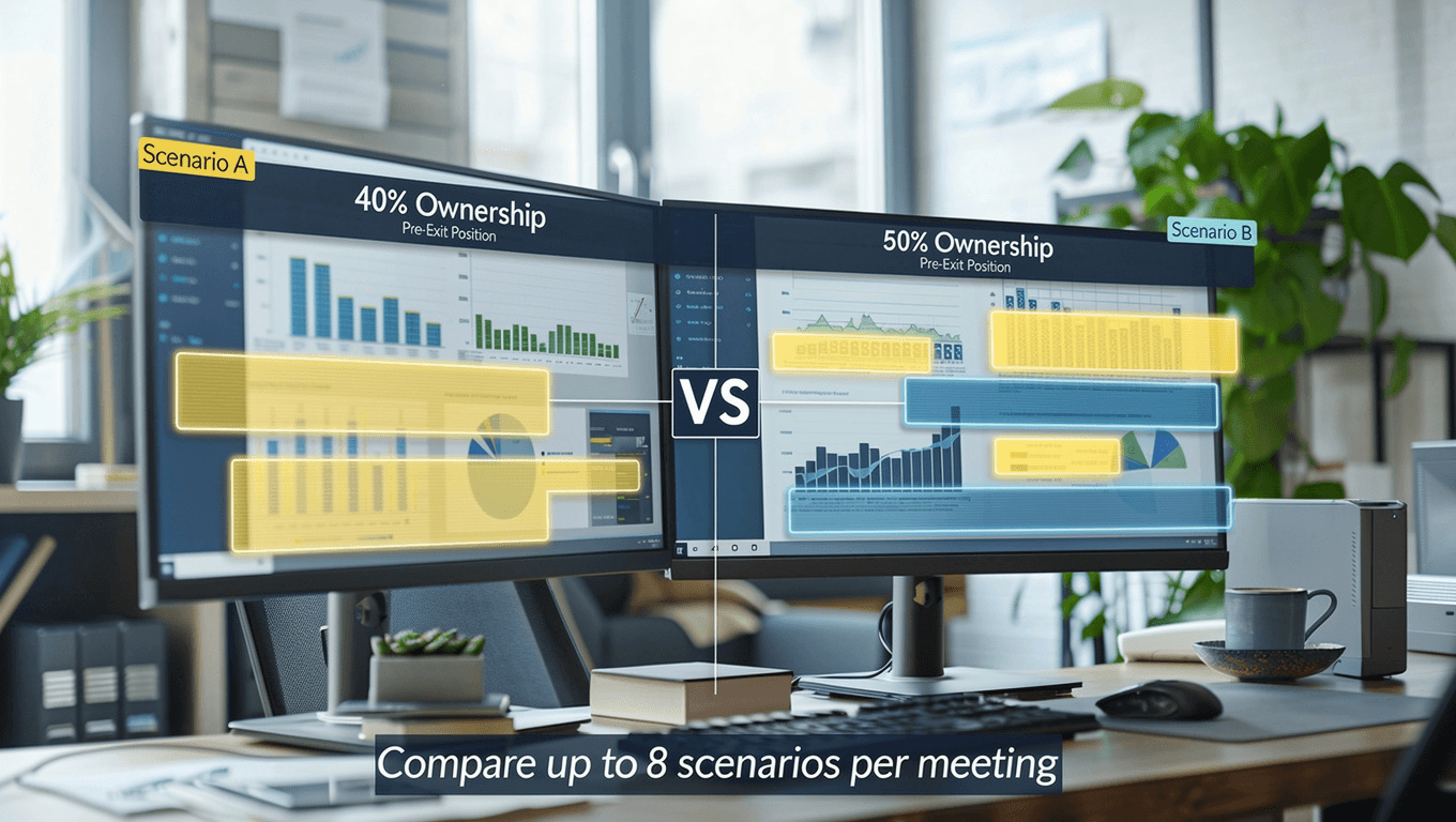 Side-by-side scenario comparison showing two reports with different ownership percentages, with highlighted differences and professional comparison interface